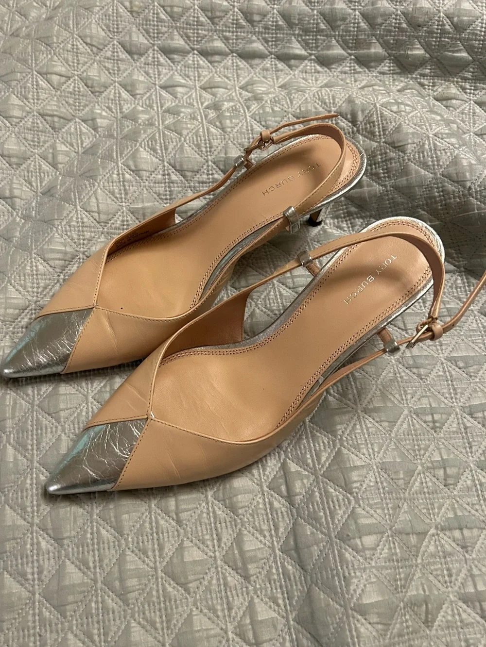 Tory Burch Tan Leather Slingback Pumps with Silver Toe Size 7
